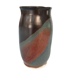 Studio Pottery Vase Black Blue Red Glaze Owl Mark